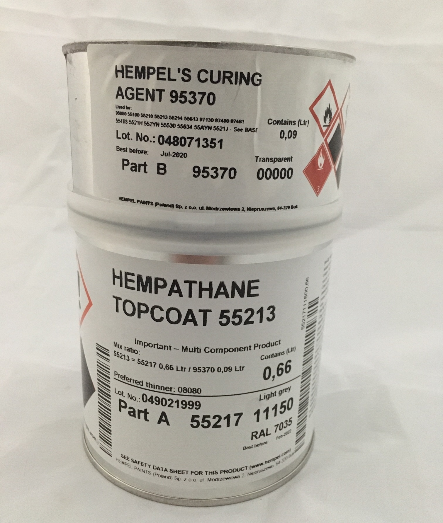 Hempathane Topcoat 55213 (Base 55217 + Curing Agent 95370), Hempel 11150 = RAL 7035, 0,75 Ltr.