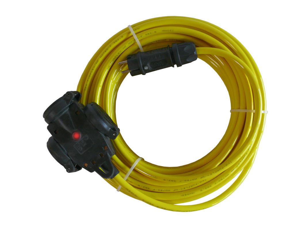 20m extension with 3-way coupling & voltage indicator - TKW PURFLEX®/HF  VDE 3G2,5mm², Colour: yellow